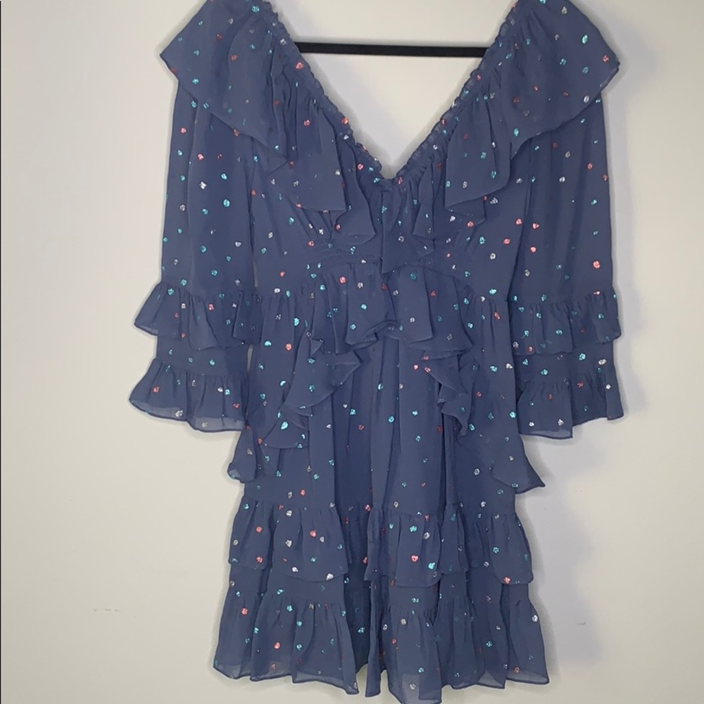 New REBECCA TAYLOR Glitter Gem Chiffon silk long sleeve Dress blue - Picture 5 of 10